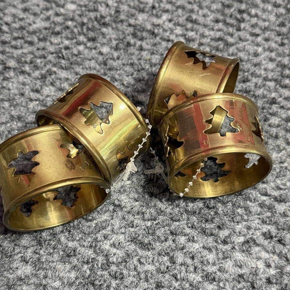 Vtg Brass Napkin Rings Christmas Lights Tree Cutout Set of 4